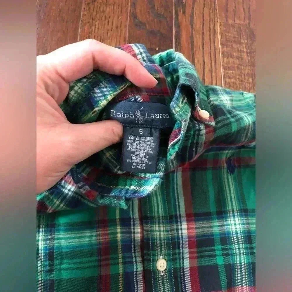 Ralph Lauren Boys 5 Green Plaid Oxford Cotton Button-Up Shirt - VGUC! - Picture 10 of 10